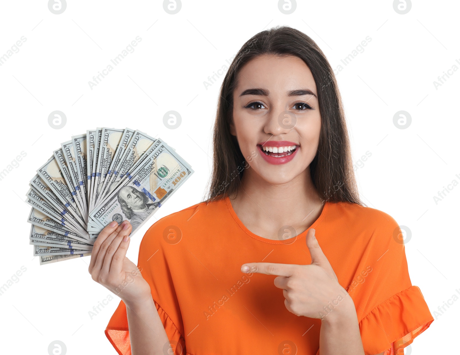 Photo of Portrait of happy young woman with money on white background