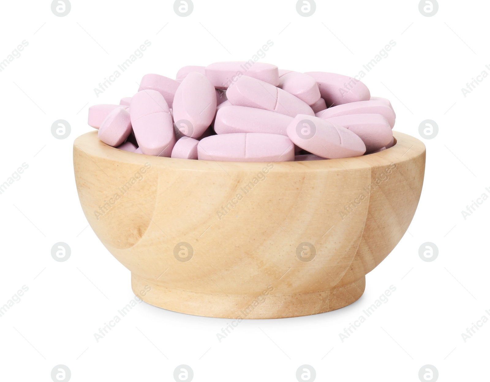 Photo of Vitamin pills in bowl isolated on white. Health supplement