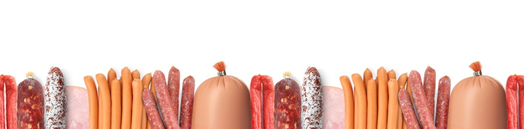 Image of Many different tasty sausages on white background, top view. Banner design
