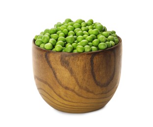 Fresh raw green peas in wooden bowl isolated on white