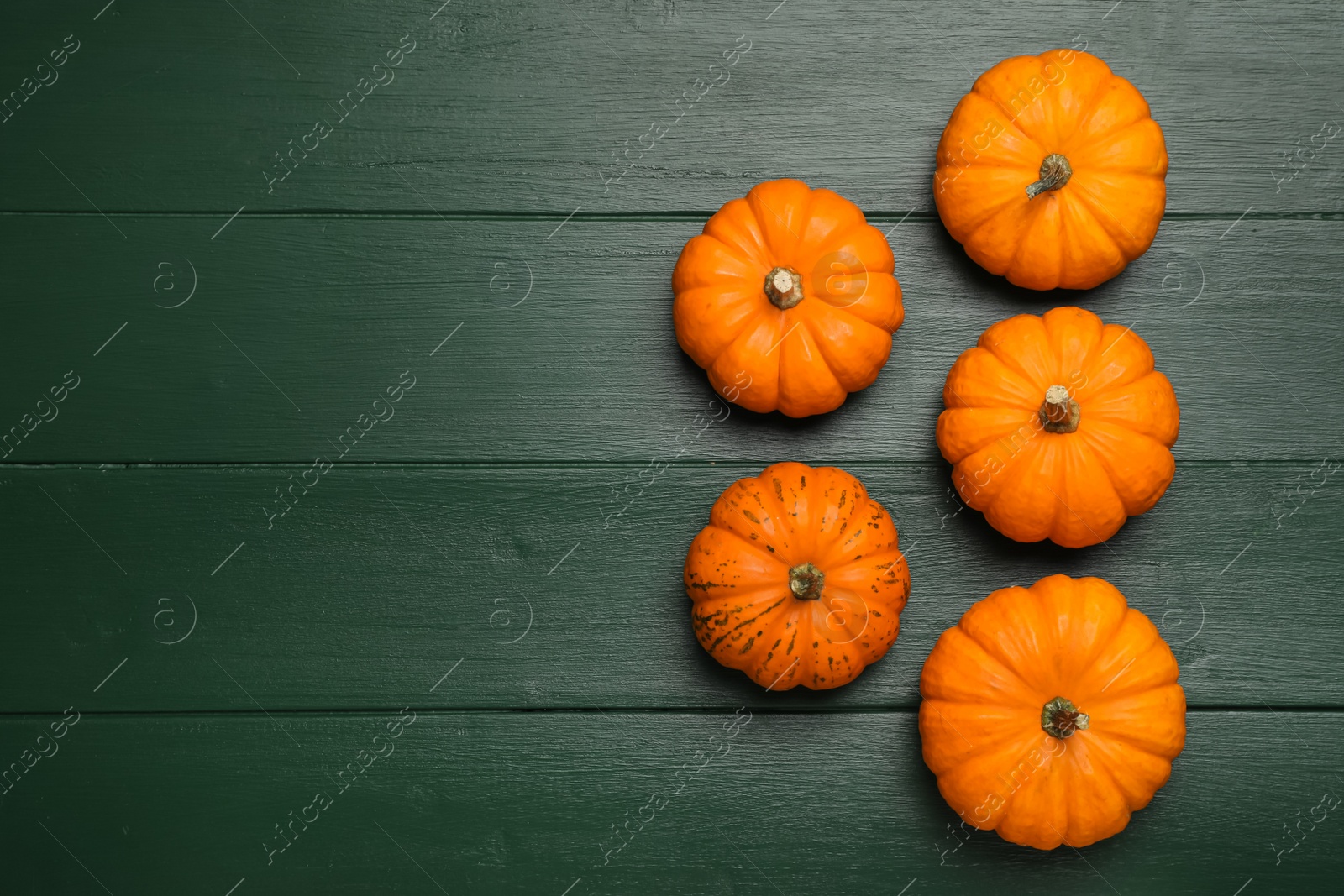 Photo of Fresh ripe pumpkins on green wooden table, flat lay. Space for text