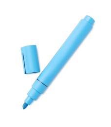 Photo of Bright light blue marker isolated on white, top view. School stationery