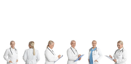 Collage with photos of mature doctor on white background, banner design