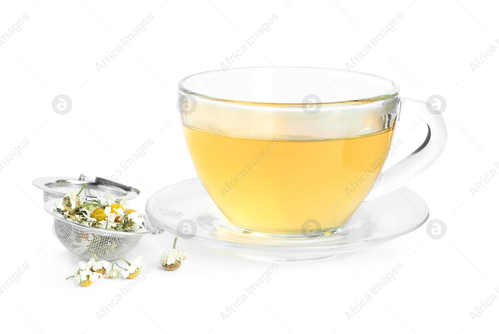 Photo of Fresh chamomile tea and dry flowers in infuser isolated on white