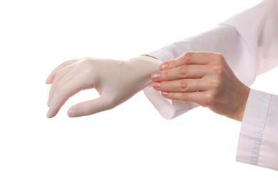 Doctor wearing medical gloves on white background, closeup