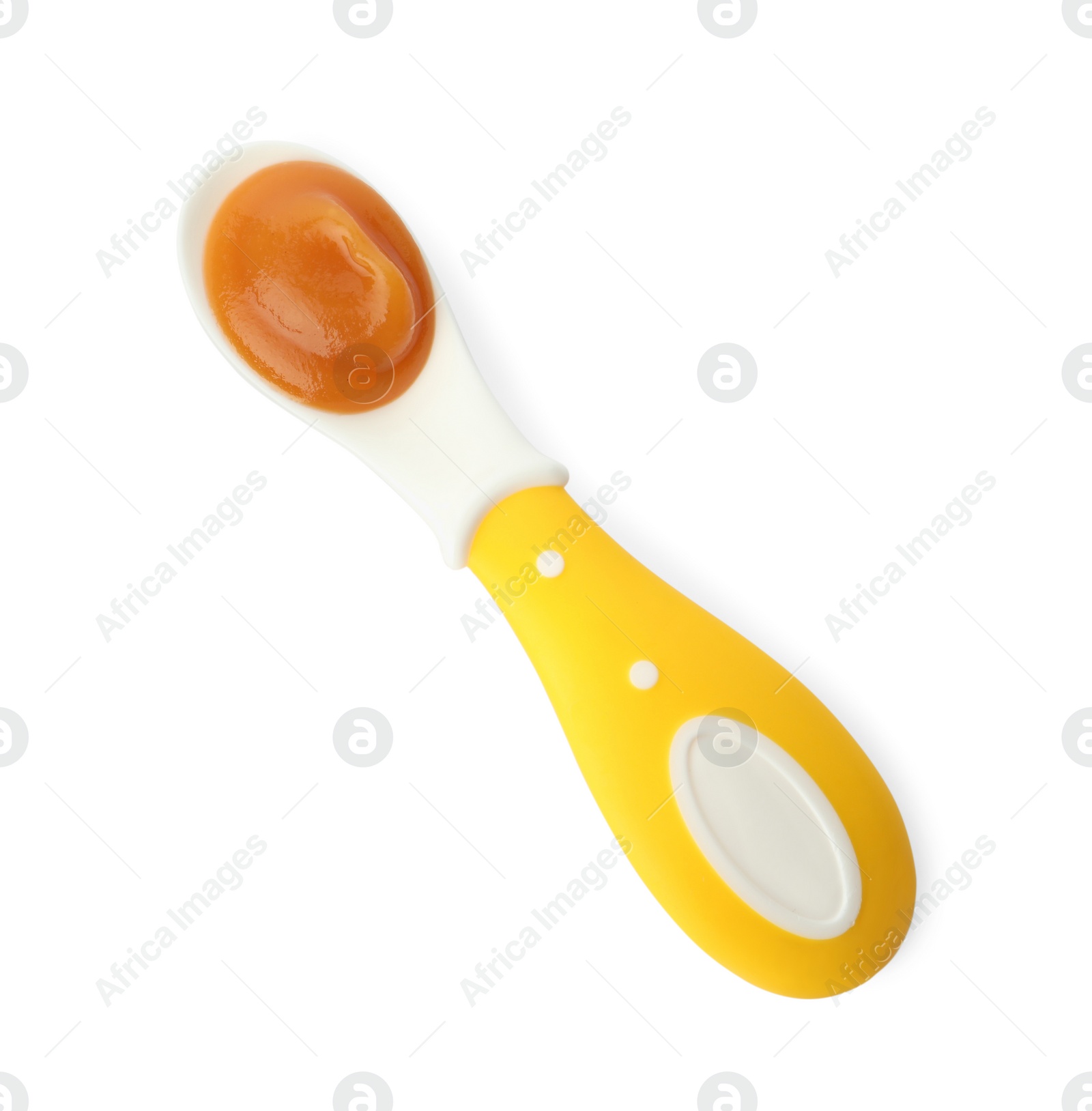 Photo of Healthy baby food in spoon isolated on white, top view