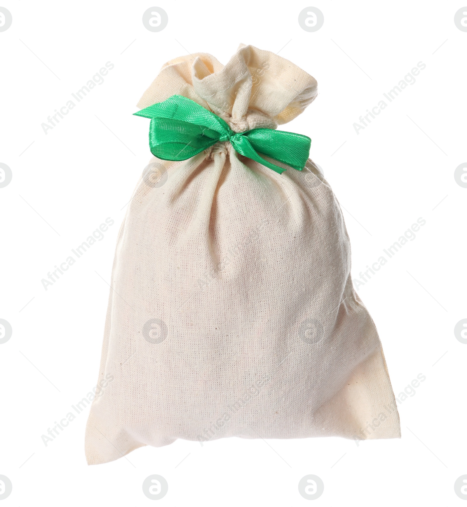 Photo of Small bag with green ribbon isolated on white. Christmas advent calendar