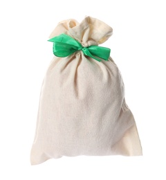 Photo of Small bag with green ribbon isolated on white. Christmas advent calendar