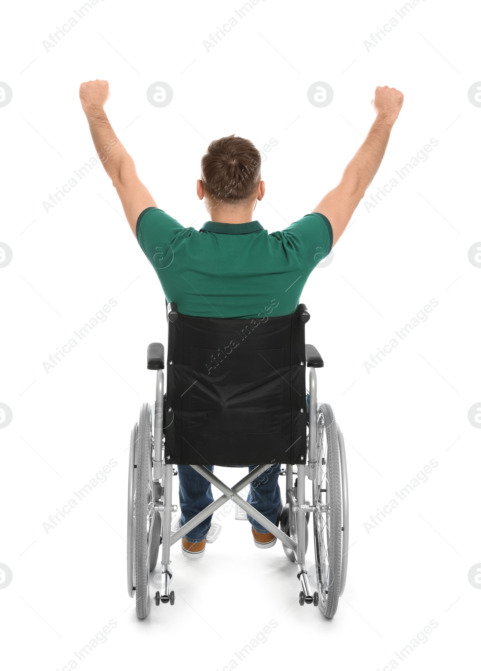 Photo of Emotional young man in wheelchair isolated on white
