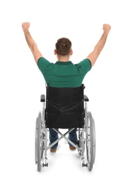 Emotional young man in wheelchair isolated on white