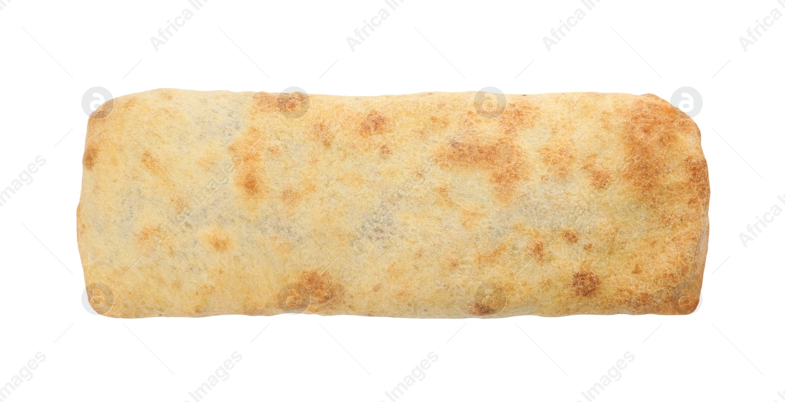 Photo of Delicious strudel with tasty filling isolated on white, top view