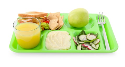 Photo of Serving tray with tasty healthy food and juice isolated on white. School dinner