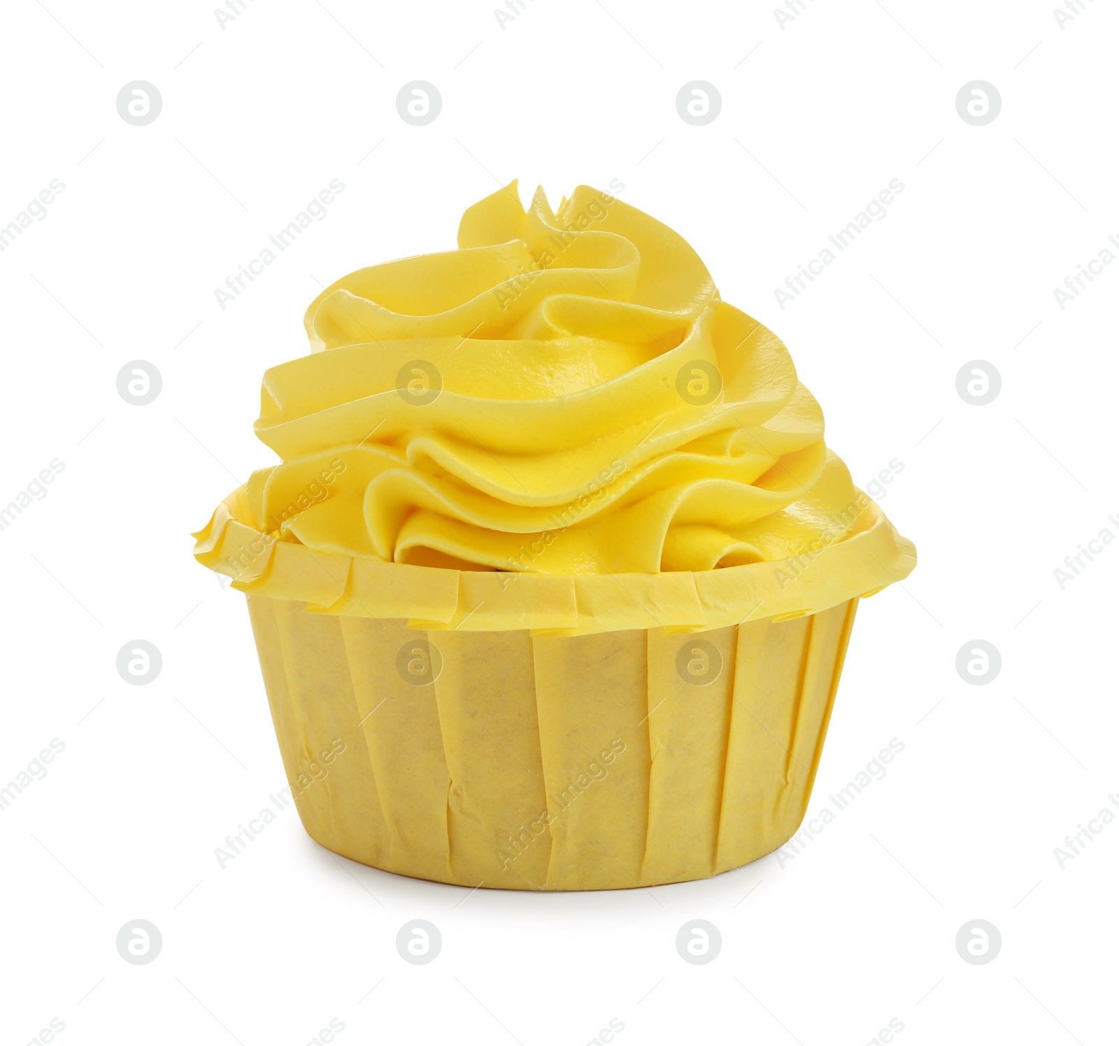 Photo of Tasty cupcake with yellow cream isolated on white