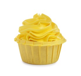 Photo of Tasty cupcake with yellow cream isolated on white