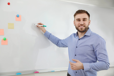 Portrait of young teacher writing on whiteboard in classroom