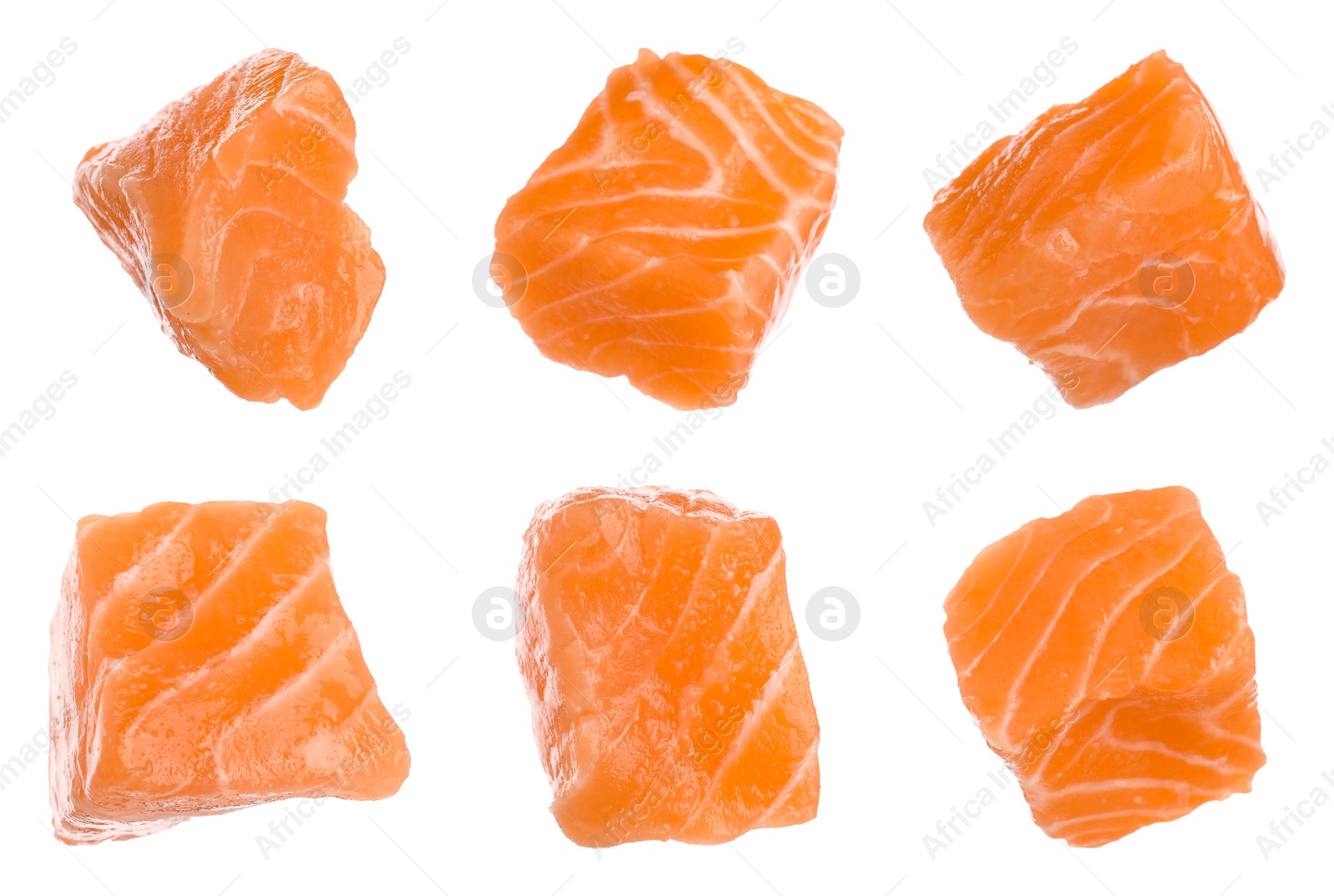 Image of Set with pieces of fresh raw salmon on white background. Fish delicacy