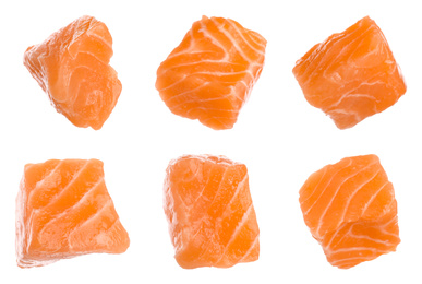 Set with pieces of fresh raw salmon on white background. Fish delicacy