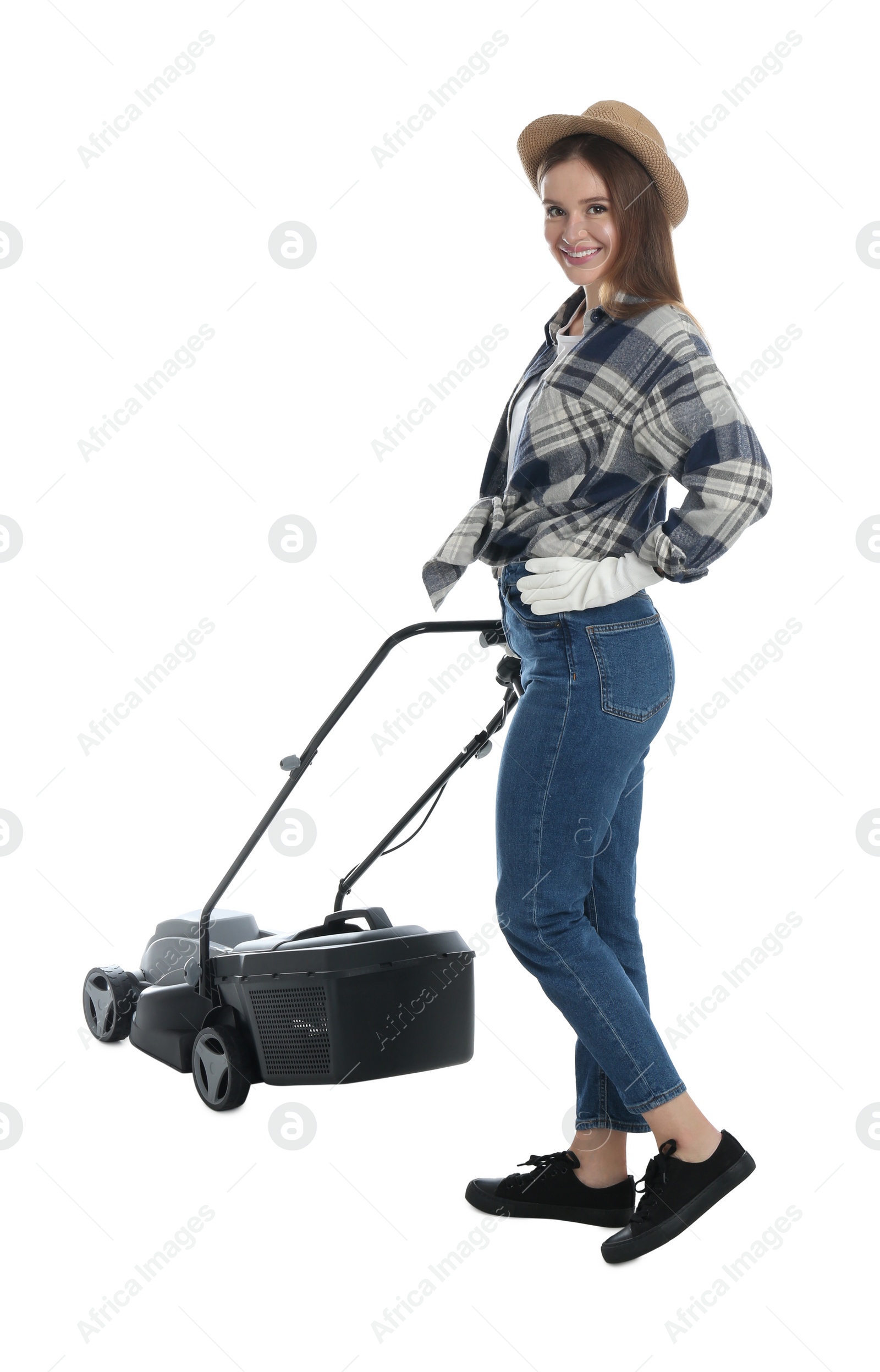 Photo of Young woman with modern lawn mower on white background