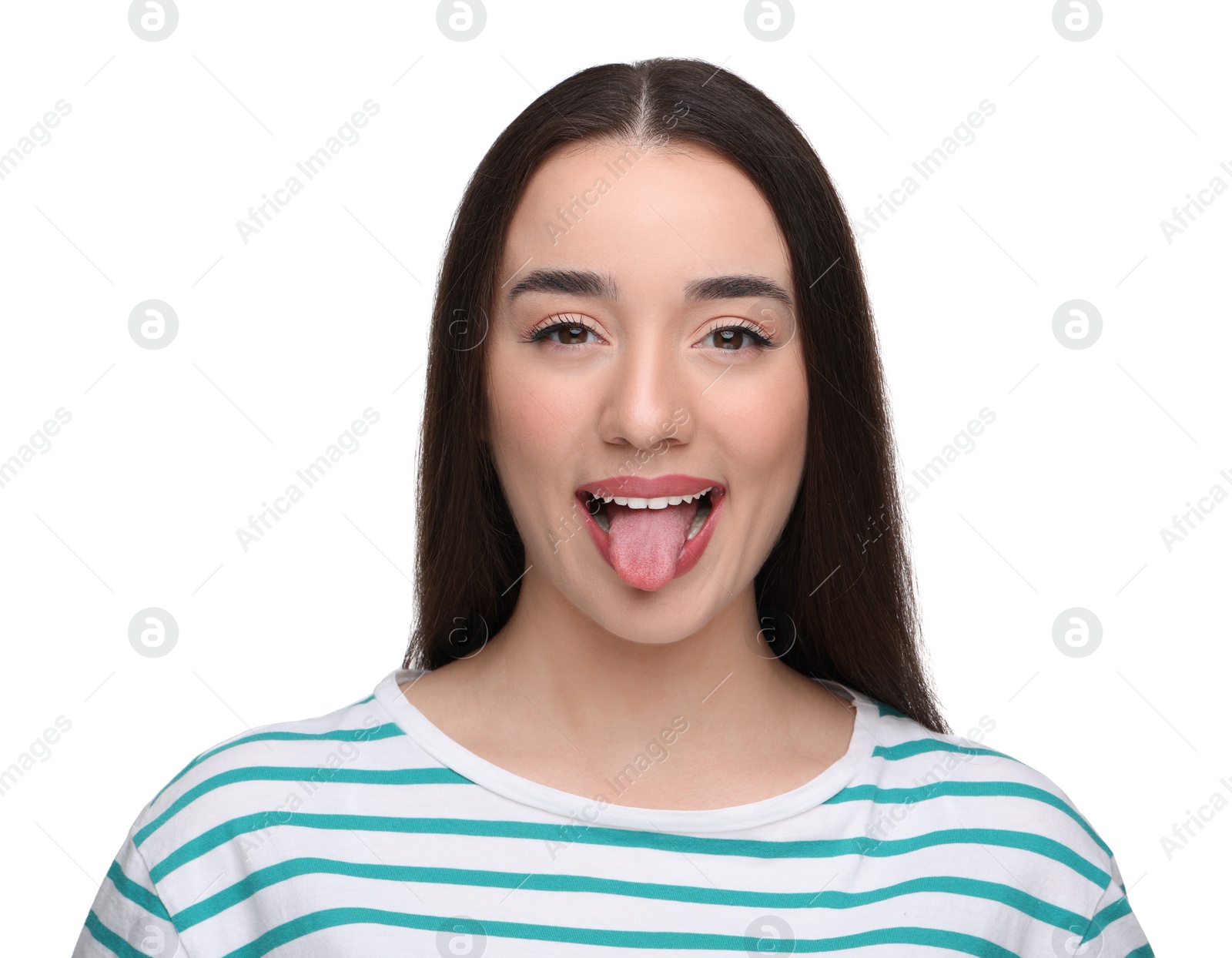 Photo of Happy woman showing her tongue on white background