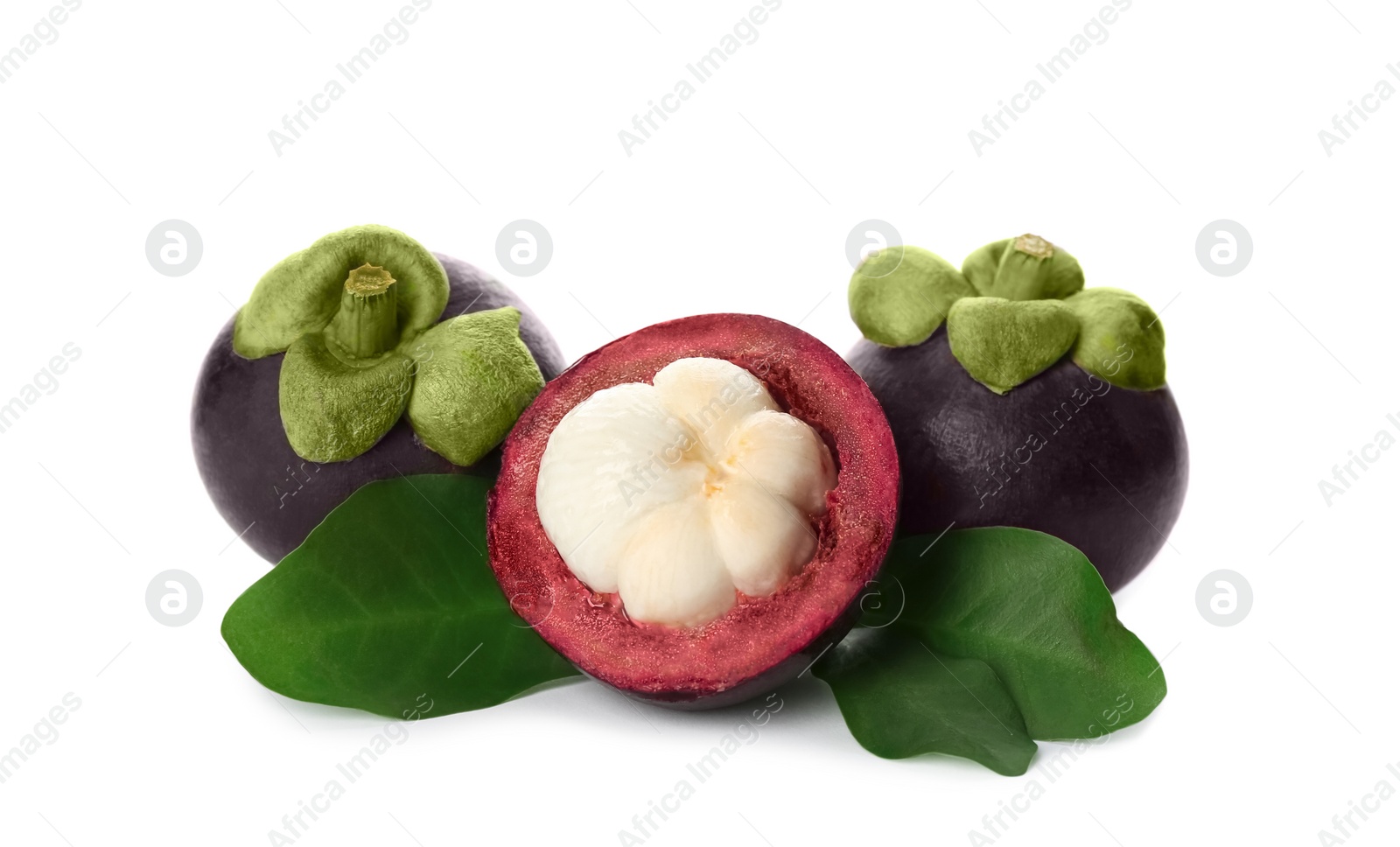 Photo of Fresh mangosteen fruits with green leaves on white background