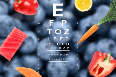 Image of Improving eyesight. Vision test chart and different food products