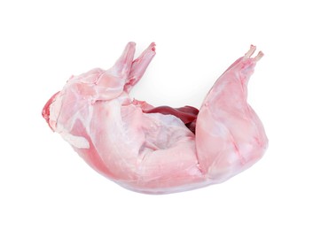 Photo of Whole fresh raw rabbit and liver isolated on white, top view