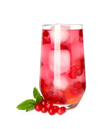 Photo of Tasty cranberry cocktail with ice cubes and mint in glass isolated on white