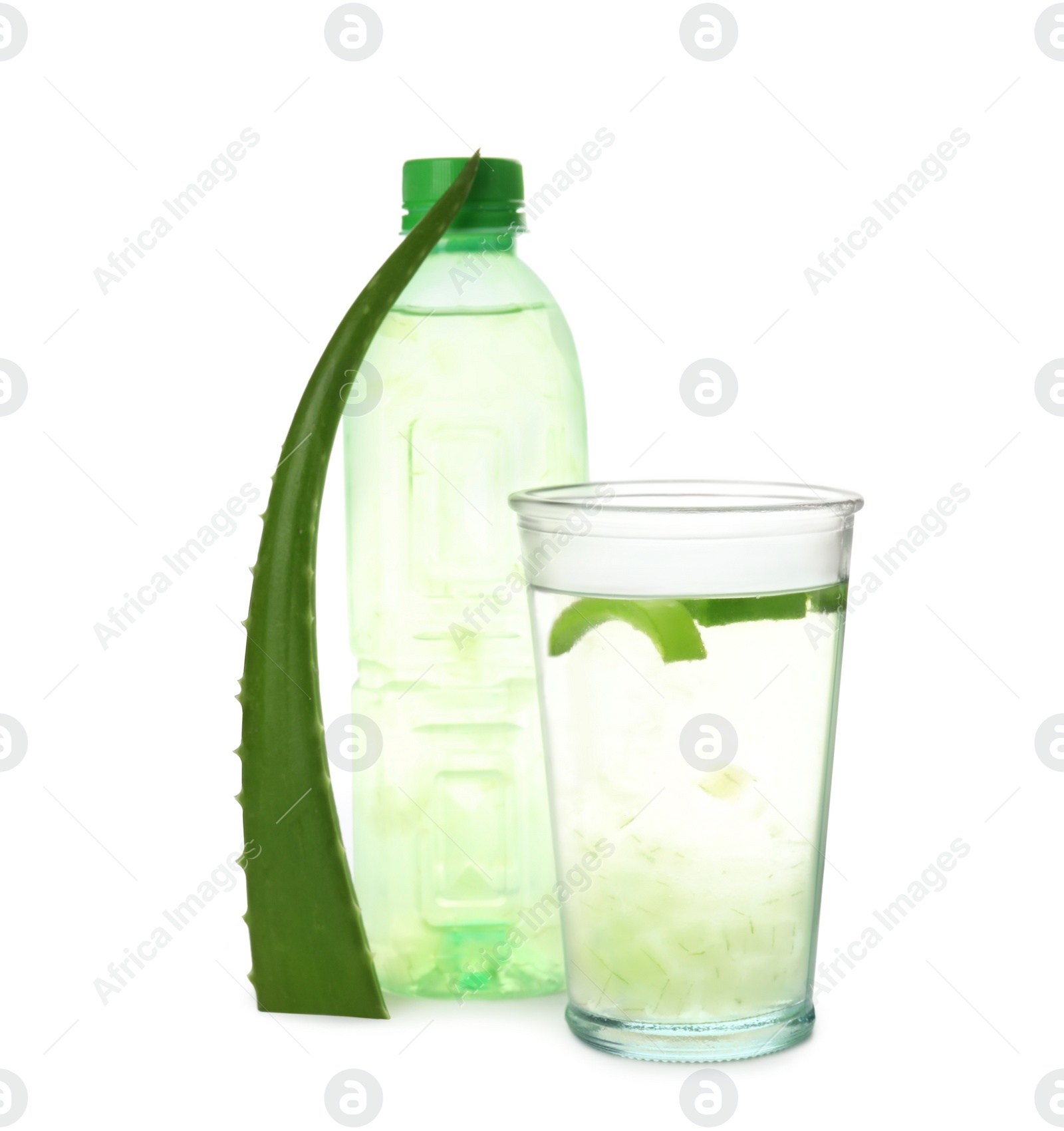 Photo of Fresh aloe drink and leaf on white background