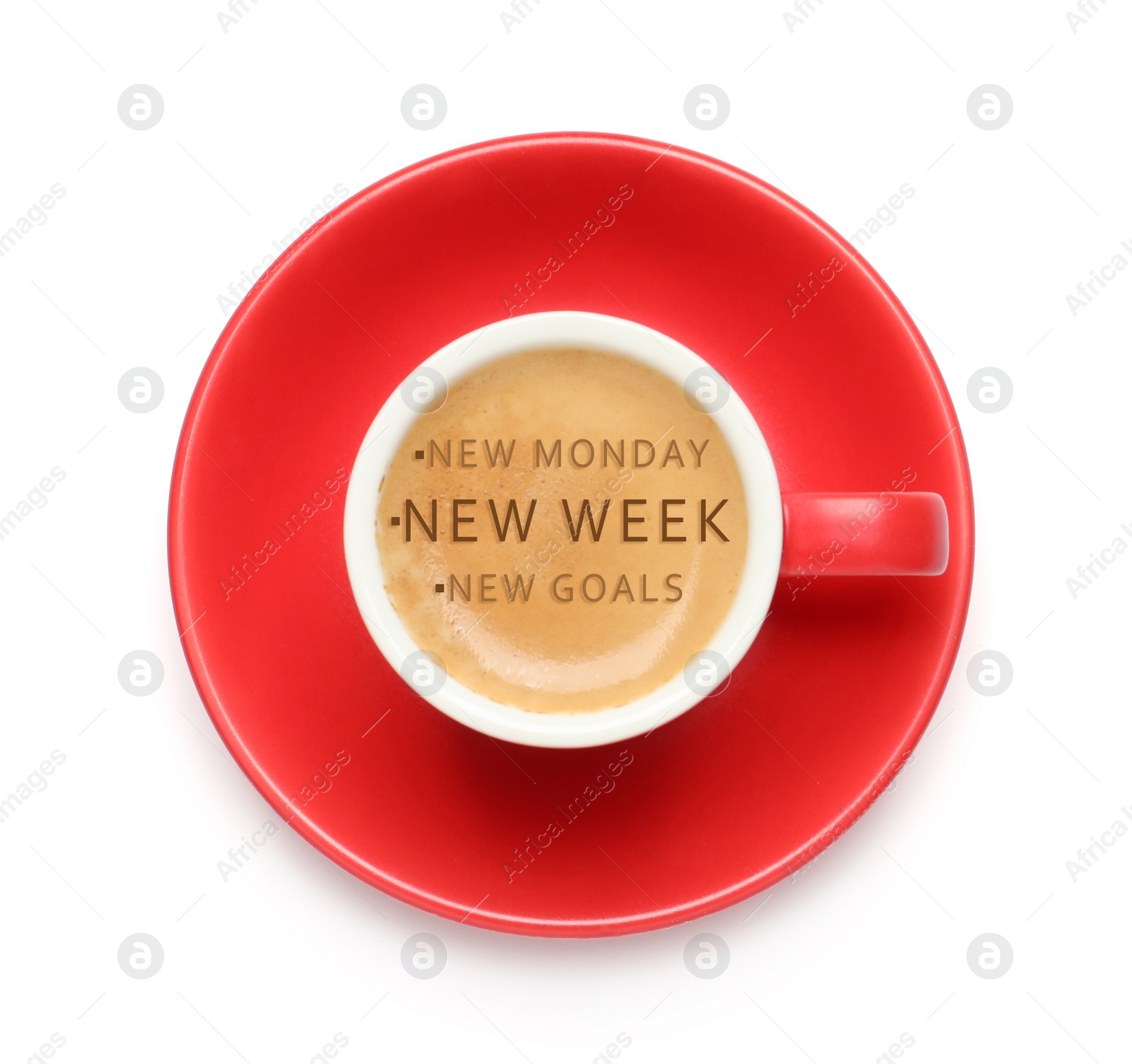 Image of New Monday, New Week, New Goals - motivational quote. Aromatic coffee in red cup on white background, top view