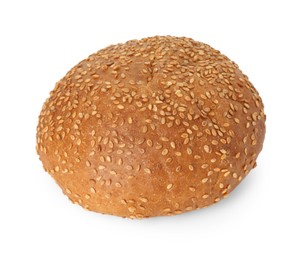 Photo of One fresh hamburger bun with sesame seeds isolated on white