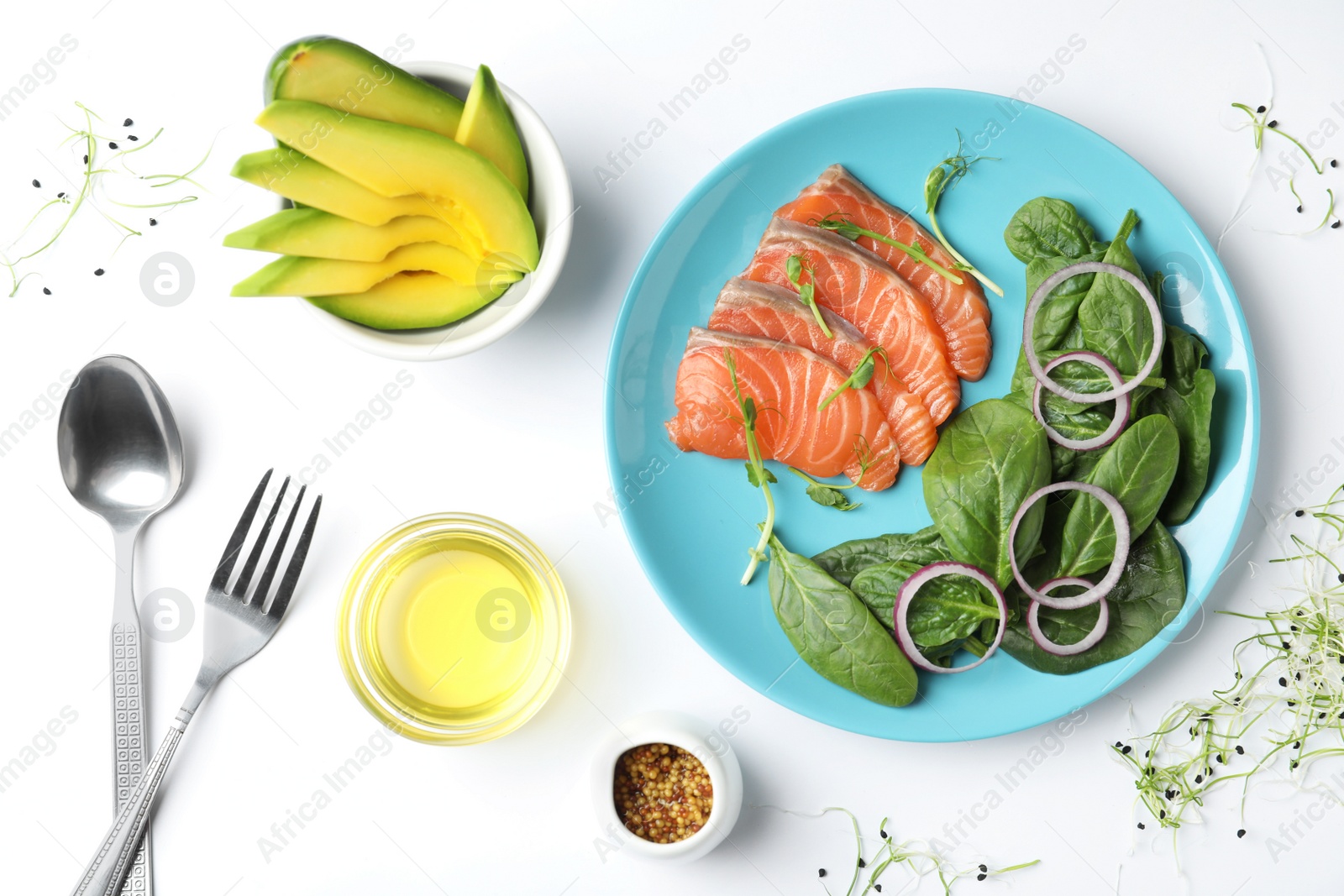 Photo of Delicious salmon with spinach and onion on white background, flat lay