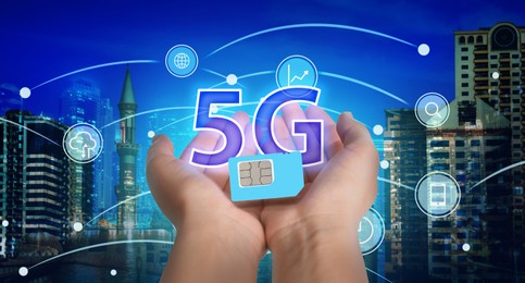 Woman demonstrating 5G SIM card model and cityscape with connection lines on background, closeup