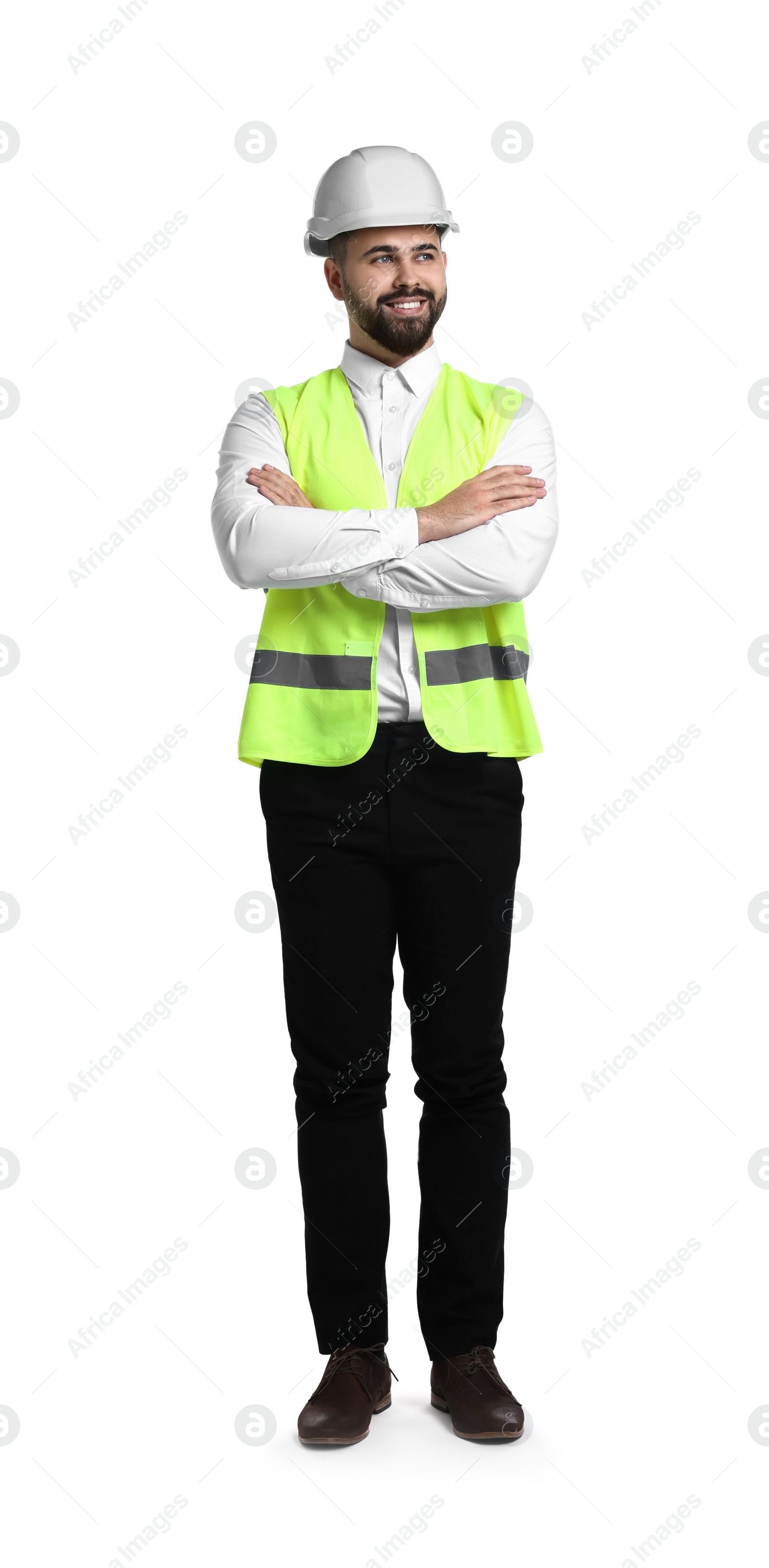 Photo of Engineer in hard hat on white background