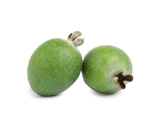 Photo of Fresh ripe feijoa fruits on white background