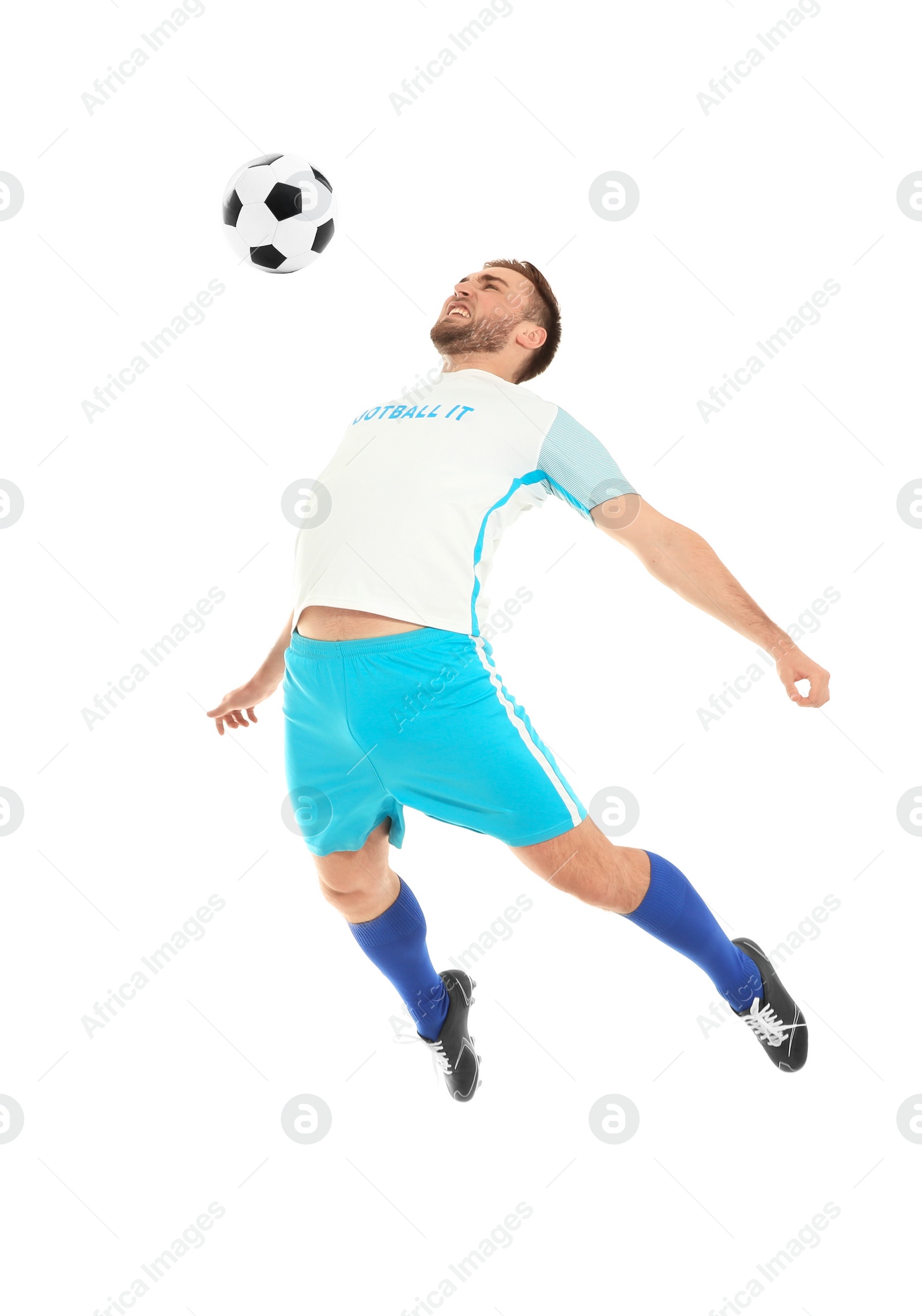 Photo of Young man playing football on white background