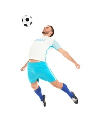 Young man playing football on white background