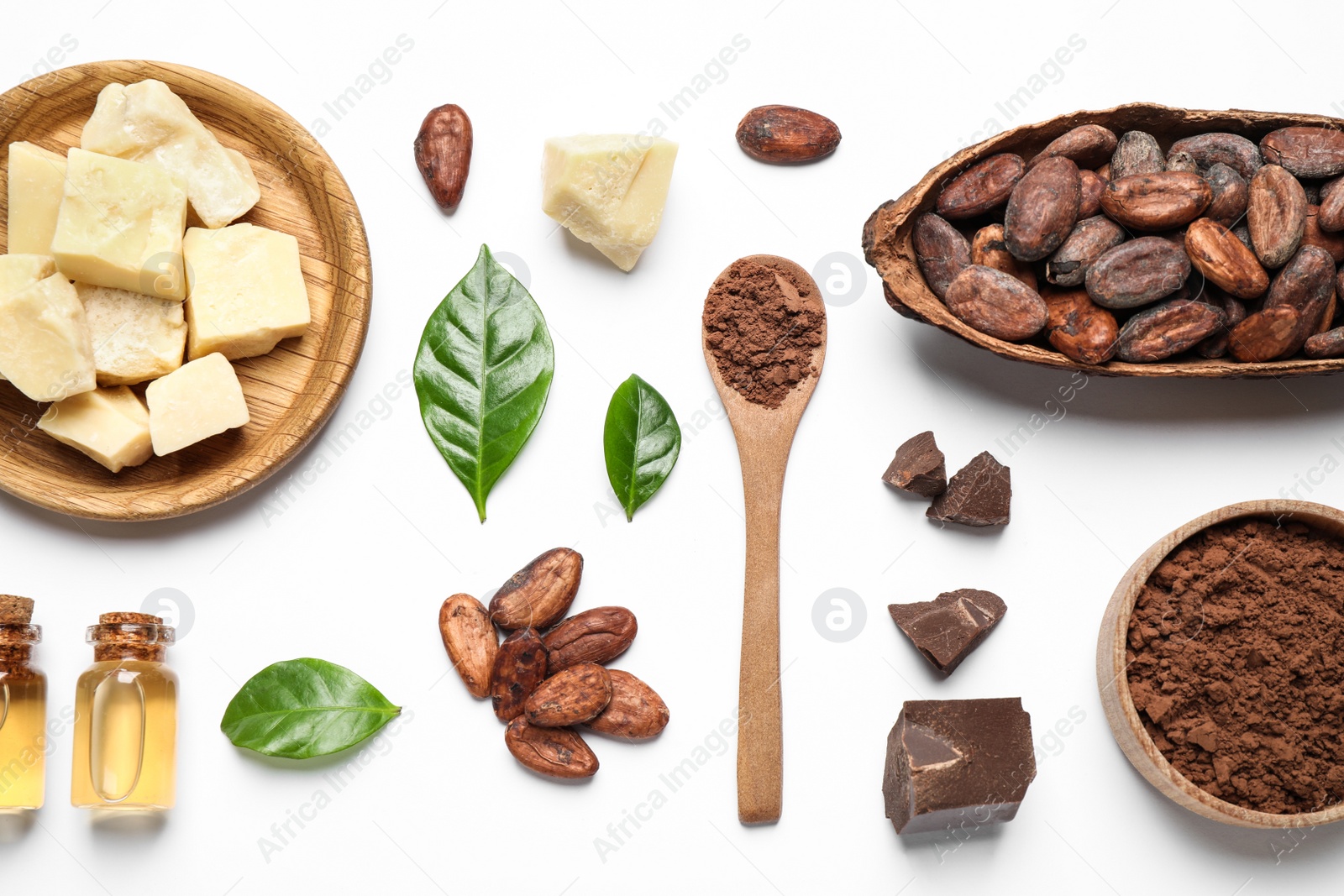 Photo of Composition with organic cocoa butter on white background, top view