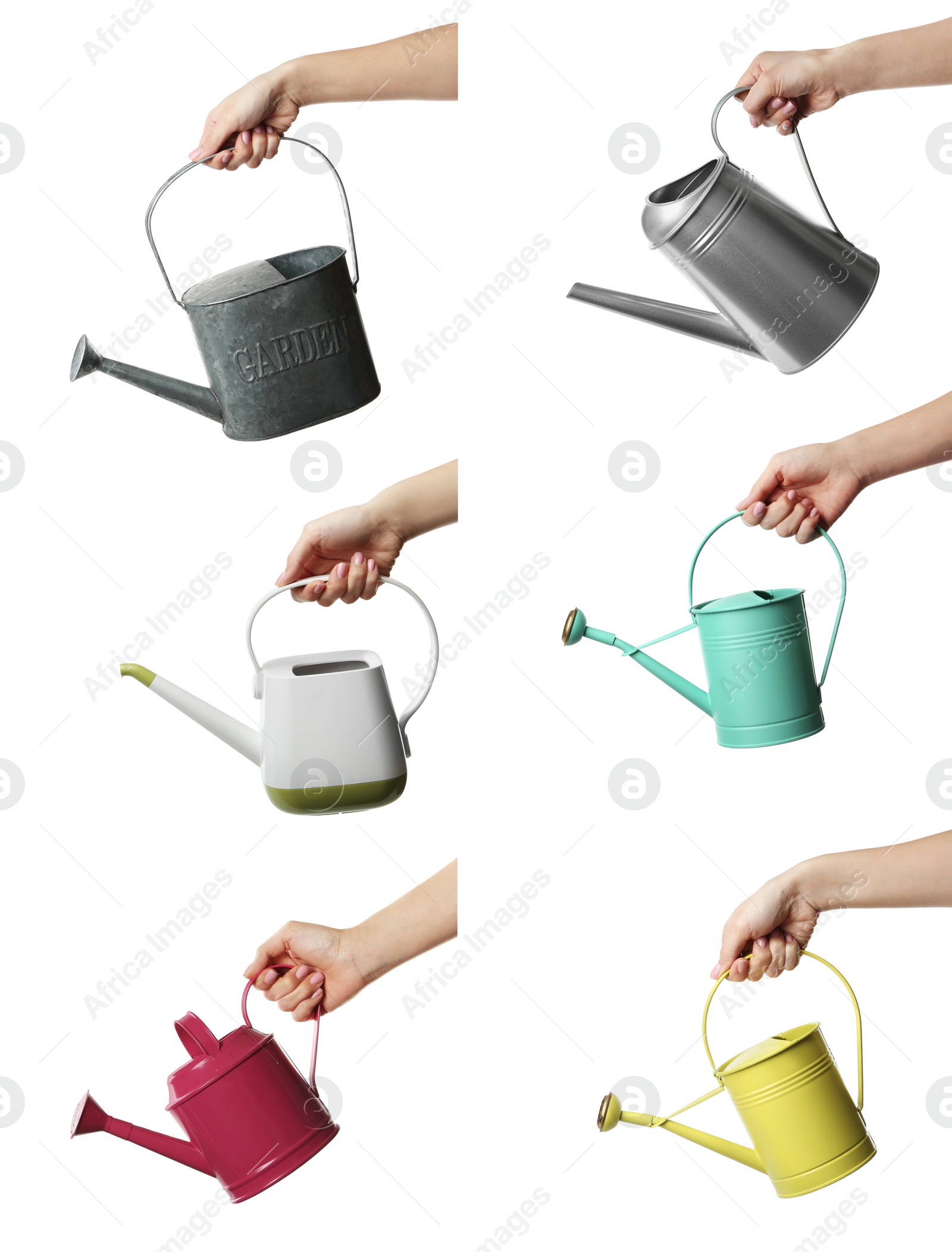 Image of Collage with photos of women holding different watering cans on white background, closeup