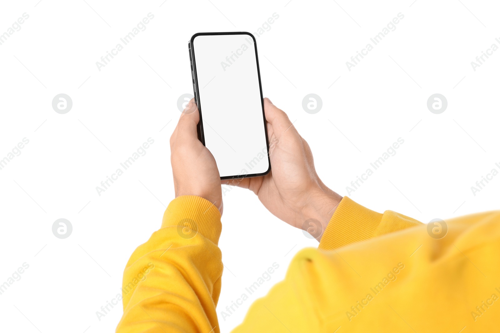 Photo of Man holding smartphone with blank screen on white background, closeup. Mockup for design