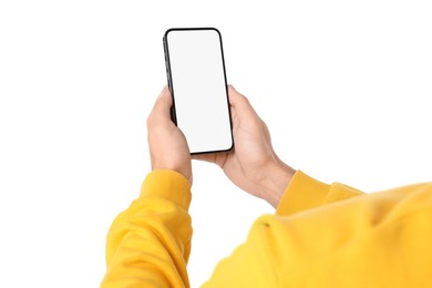 Man holding smartphone with blank screen on white background, closeup. Mockup for design