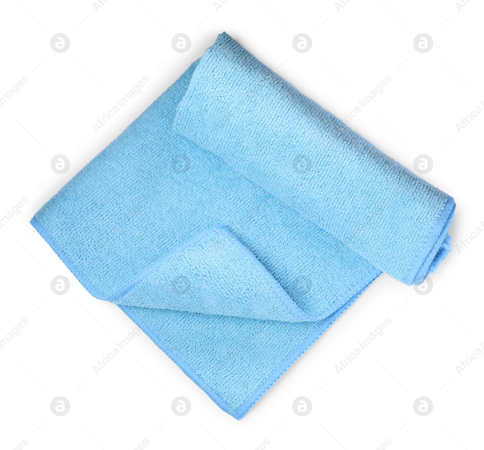 Photo of Light blue microfiber cloth isolated on white, top view