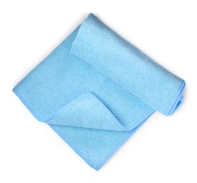 Photo of Light blue microfiber cloth isolated on white, top view