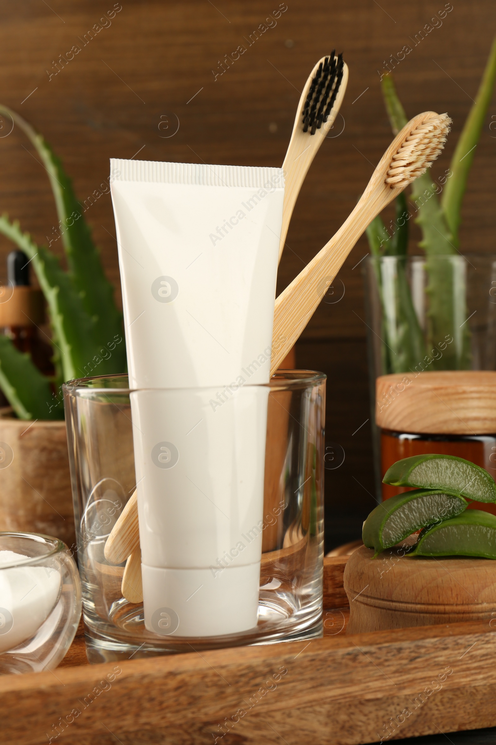 Photo of Aloe vera toothpaste in blank tube, brushes and green leaves on wooden tray, closeup. Space for text