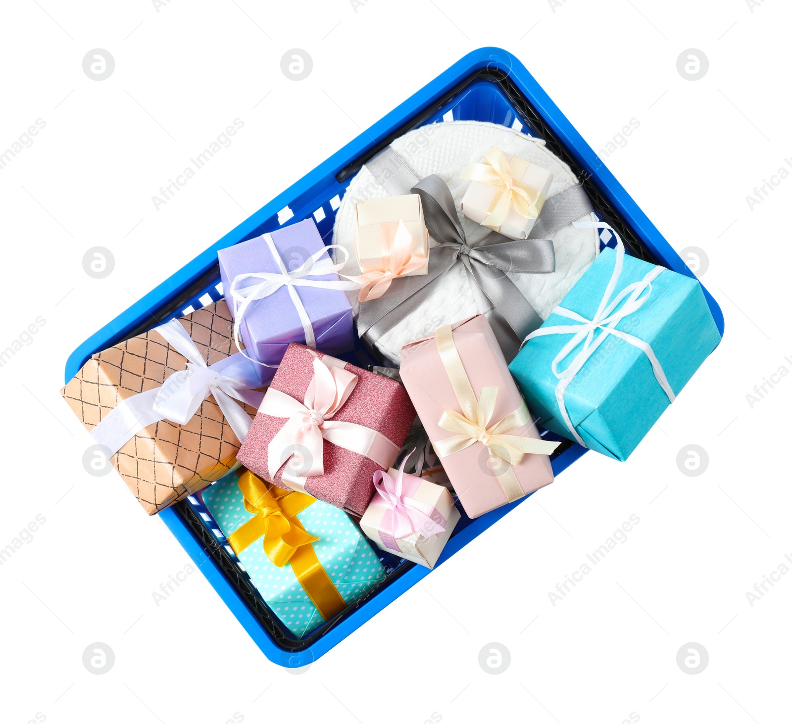 Photo of Shopping basket full of gift boxes on white background, top view