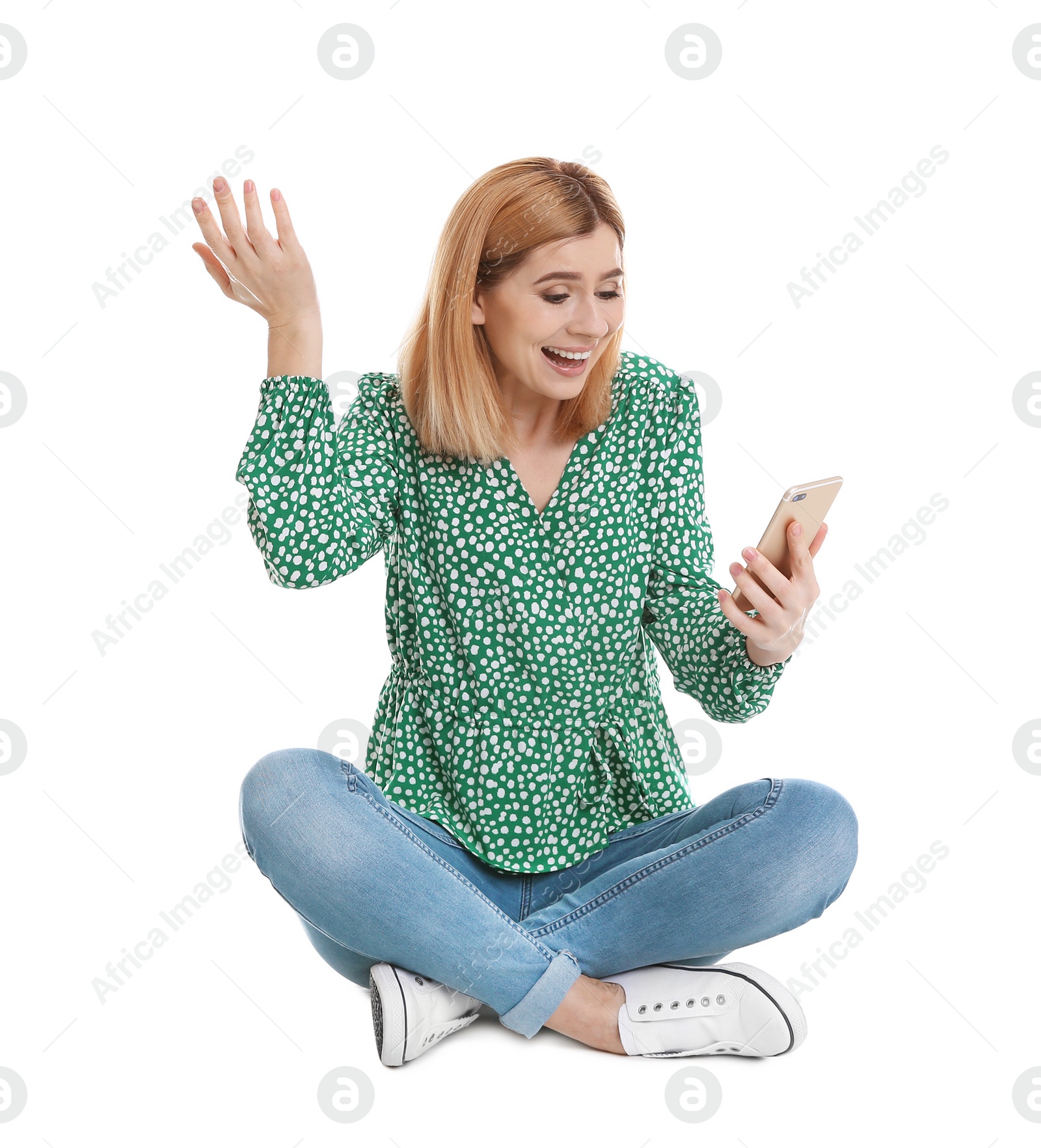 Photo of Woman using mobile phone for video chat isolated on white