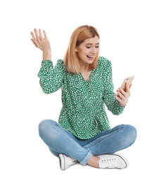 Photo of Woman using mobile phone for video chat isolated on white