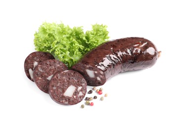 Tasty blood sausages, lettuce and pepper on white background