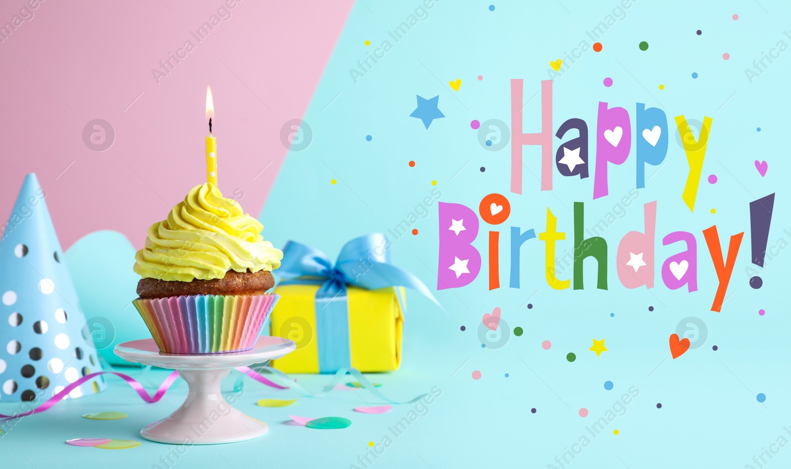 Image of Happy Birthday! Delicious cupcake with burning candle on color background