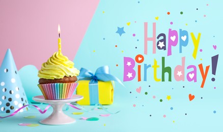 Image of Happy Birthday! Delicious cupcake with burning candle on color background