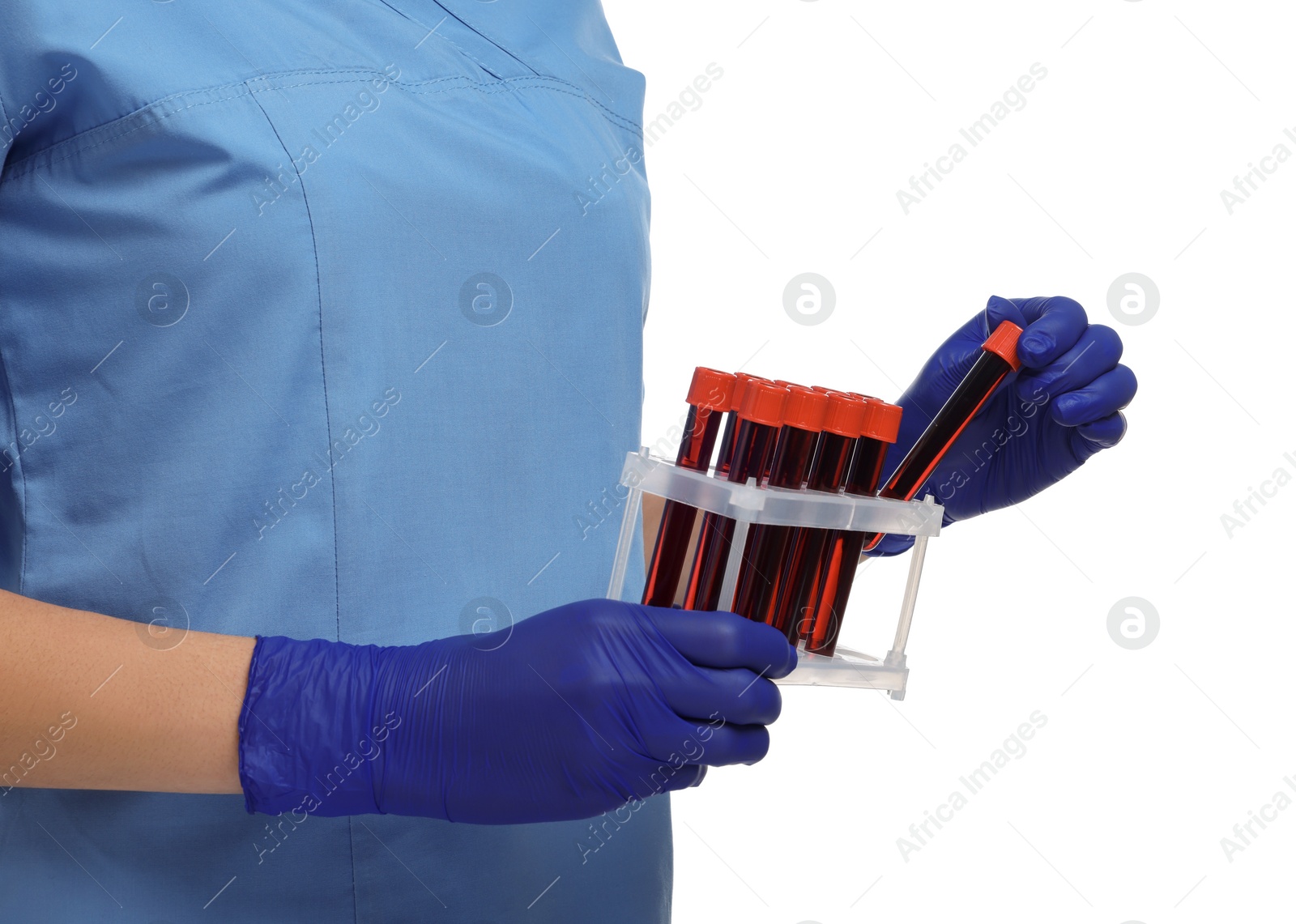 Photo of Laboratory testing. Doctor with blood samples in tubes on white background, closeup
